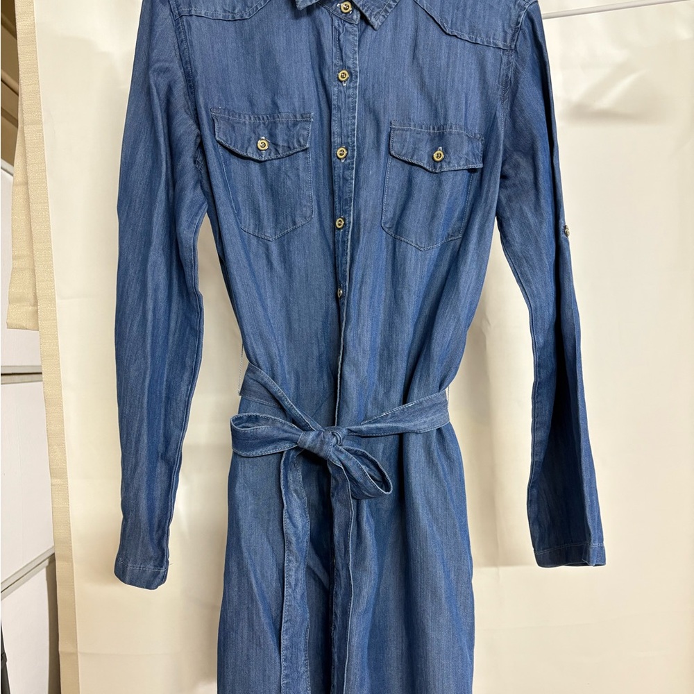 Classic Blue Long Sleeve Dress with pockets and belt